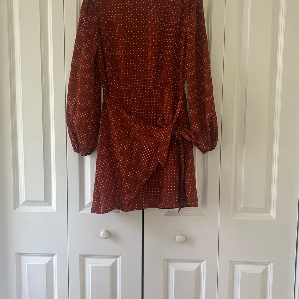 🌸 3/$15 NWT: Francesca Rust Polka Dot Faux Wrap Dress - Picture 2 of 10